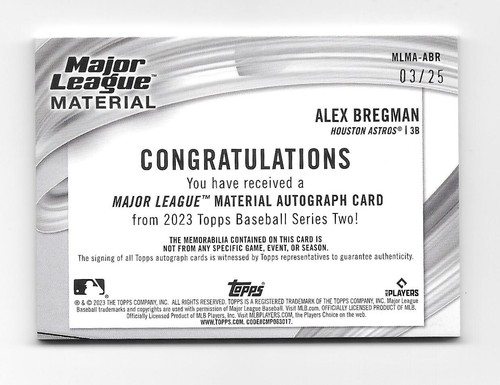 2023 Topps Series 2 ALEX BREGMAN Red Major League Material Autograph Relic #/25 - Picture 2 of 2