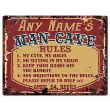 PP4237 ANY NAME'S MAN CAVE RULES Custom Personalized Chic Sign Decor Funny Gift