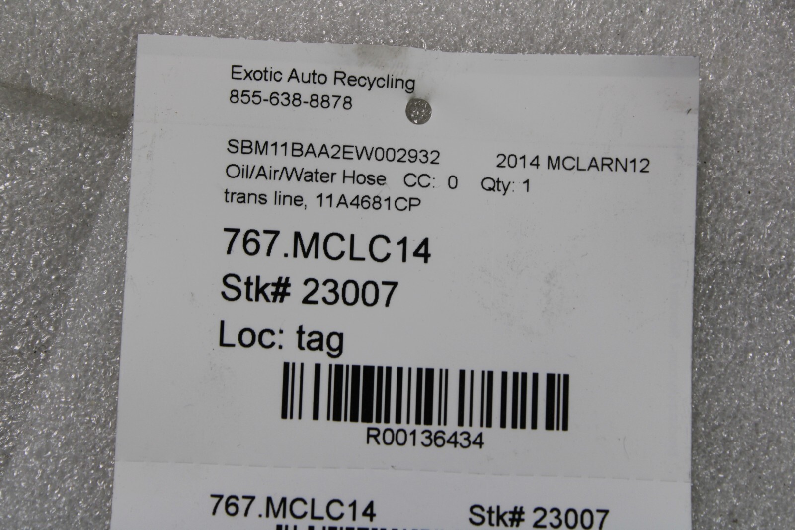 Mclaren MP4-12C, Braided Fuel Line, Used, P/N 11A4681CP