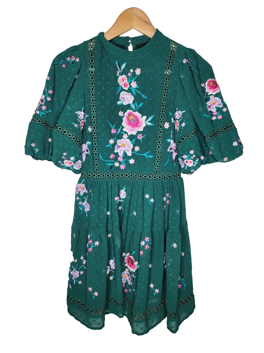 ASOS DESIGN Floral Embroidered Mini Dress in Forest Green Size 2P | eBay
