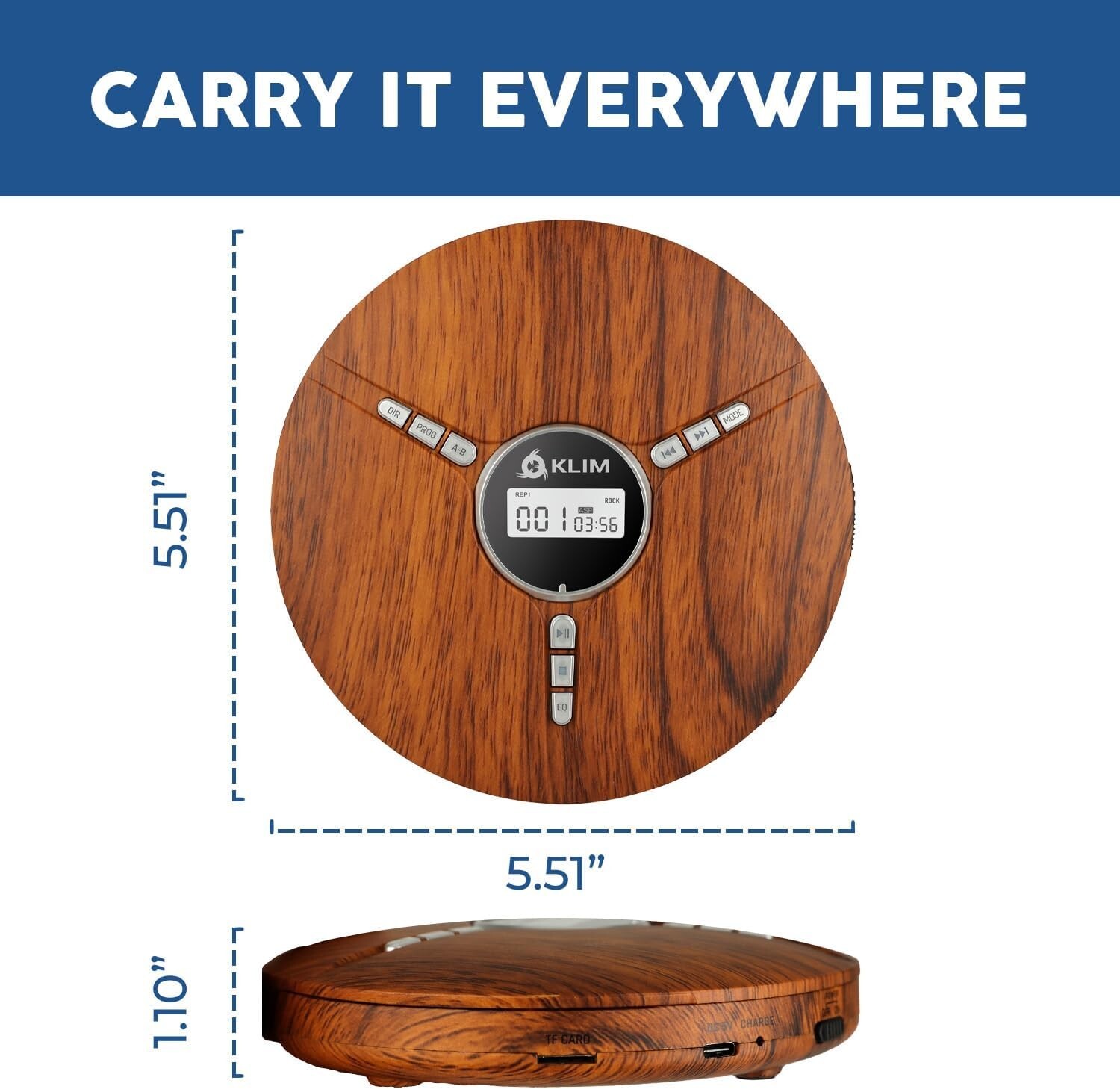 KLIM Discman Portable CD/MP3/USB Player, Built-in Battery, Earphones, Wood Grain