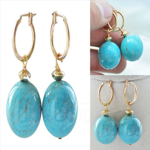 10MM Natural Blue Turquoise Round Gemstone Beads Gold Earrings Men Women Casual - Picture 1 of 12