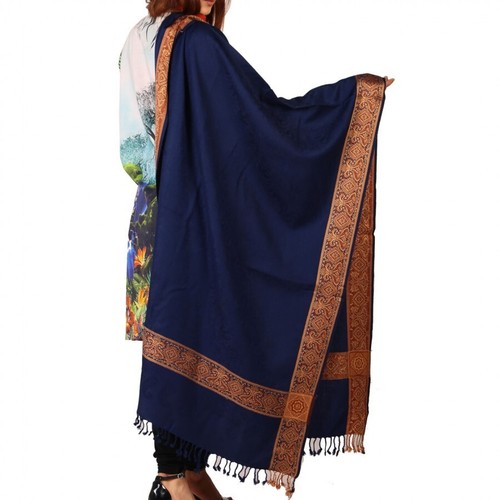 Pareja Chales Azul Marino Cachemira 4 Bordes y Dhussa Chales para Hombre y Mujer - Imagen 2 de 4