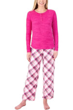 MUK LUKS Butter Knit Henley with Fleece Pant PJ Set Pink Plaid