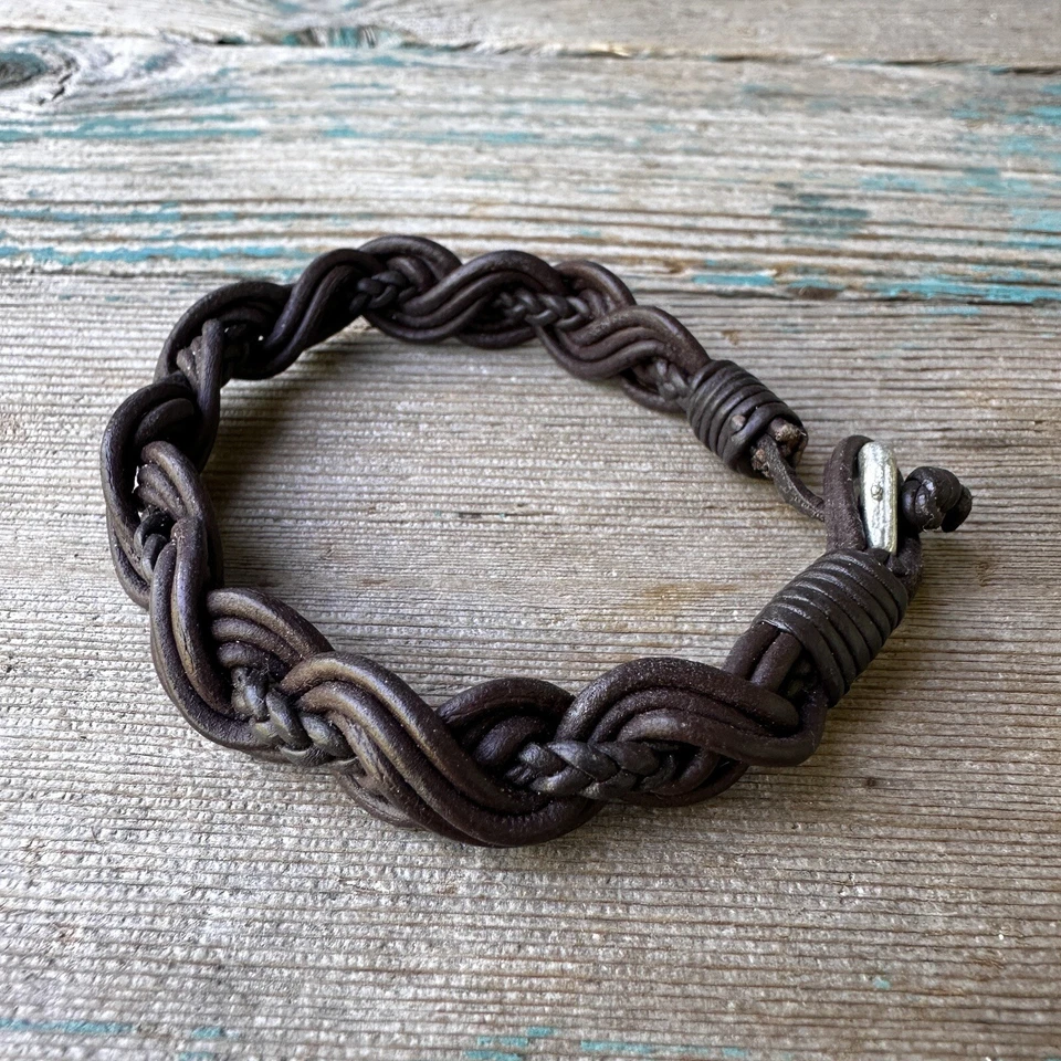 Vintage Bracelet Wristband Bangle Brown Braided Genuine Leather 7" Y2K 1980s - Image 3 of 4