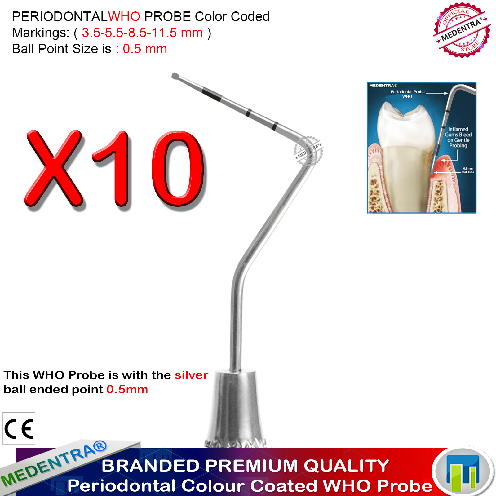 Dental Periodontists WHO Probes Dentists Pick Perio Probe Silver Ball