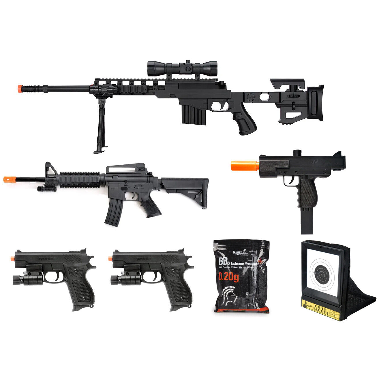 7 PC AIRSOFT GUNS SET SPRING SNIPER RIFLE HAND PISTOLS w/ 1000 6mm BB BBs  Lot