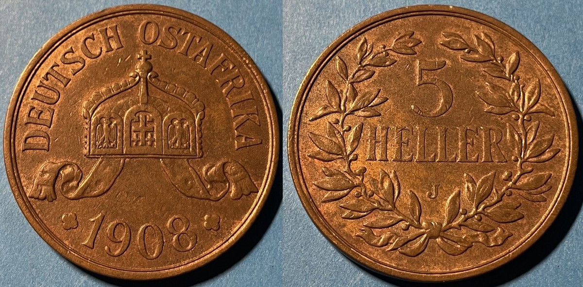 German East Africa 1908 J 5 Heller - Wilhelm II KM-11 Bronze aUNC