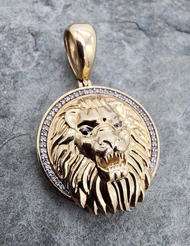 10k .417 Yellow Gold HK Lion Head 1" Round Pendant Engravable Au 24206 - Picture 5 of 10