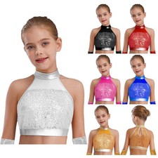 Kids Shiny Sequin Sleeveless Dance Crop Top Sparkly Tee Shirt Active Sports Vest