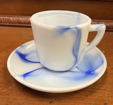 Akro Agate Blue White Swirl Slag Glass Demitasse Cup Saucer