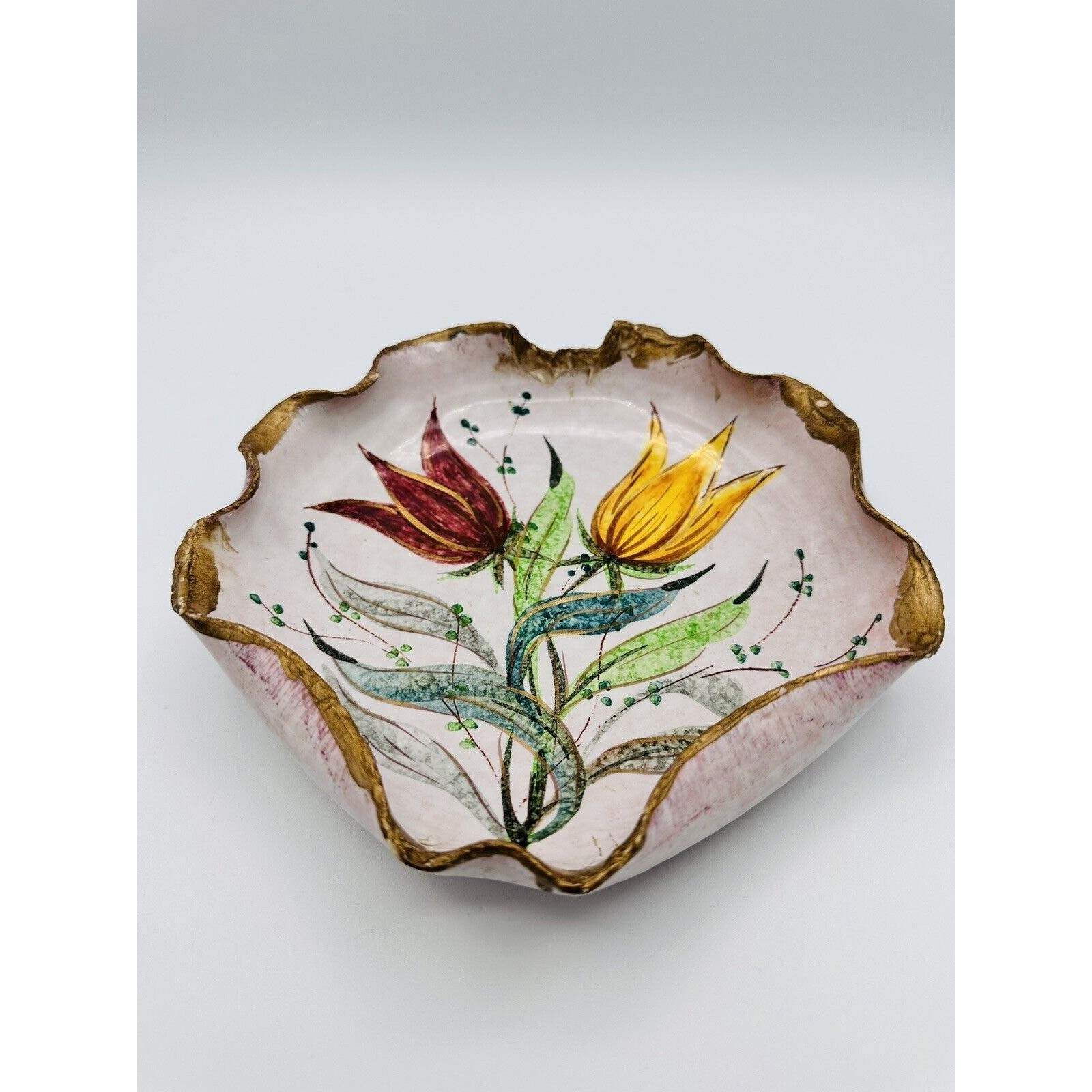 Vintage Italian Hand painted Ceramic Trinket Dish Floral Signed Pottery