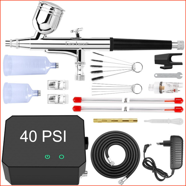 Airbrush Set Kompressor 40 Psi Dual Action 0,2-0,5 Mm DüSen Tragbar ZubehöR FüR-image