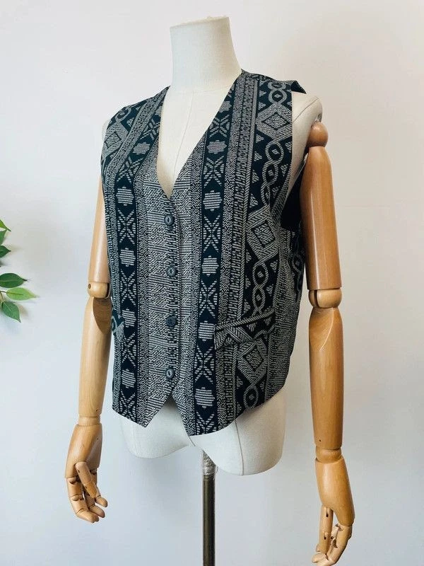 Vintage 90s Black White Tapestry Print Waistcoat 12 - Image 3 of 4