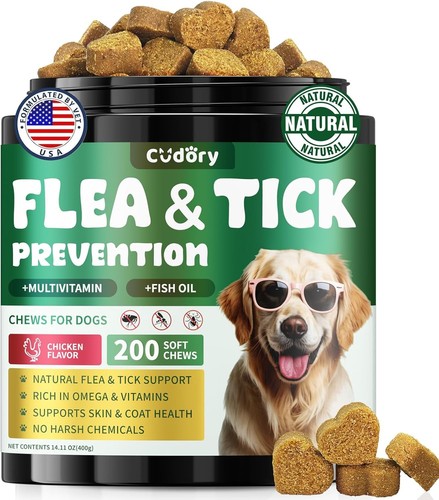 Flea & Tick Chews for Dogs – 200 Natural Soft Chews with Skin & Coat Support