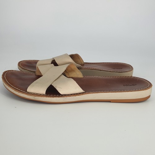 OluKai Ke'a Leather Criss Cross Tan Sandals Slides Vacation Travel Beach Size 10 - Picture 4 of 8