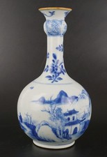 Antique Chinese Blue and white Porcelain Garlic Neck Landscape Bottle Vase 18thC