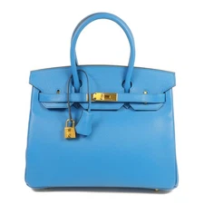 HERMES GHW Birkin 30 Handbag Veau Epsom Leather Bleu Zanzibar