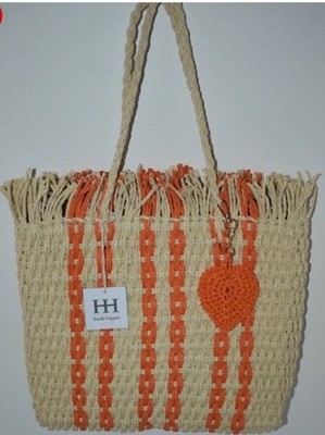 New Haute Hippie Woven Straw Tote Bag Orange Heart Charm