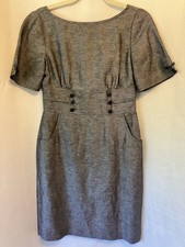 Tahari Arthur S Levine Dress 2P Gray Linen Blend Short Sleeve Sheath Pockets