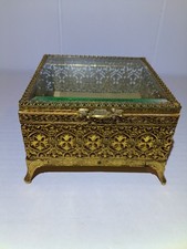 Brass Filigree Jewelry Trinket Box Beveled Glass Square