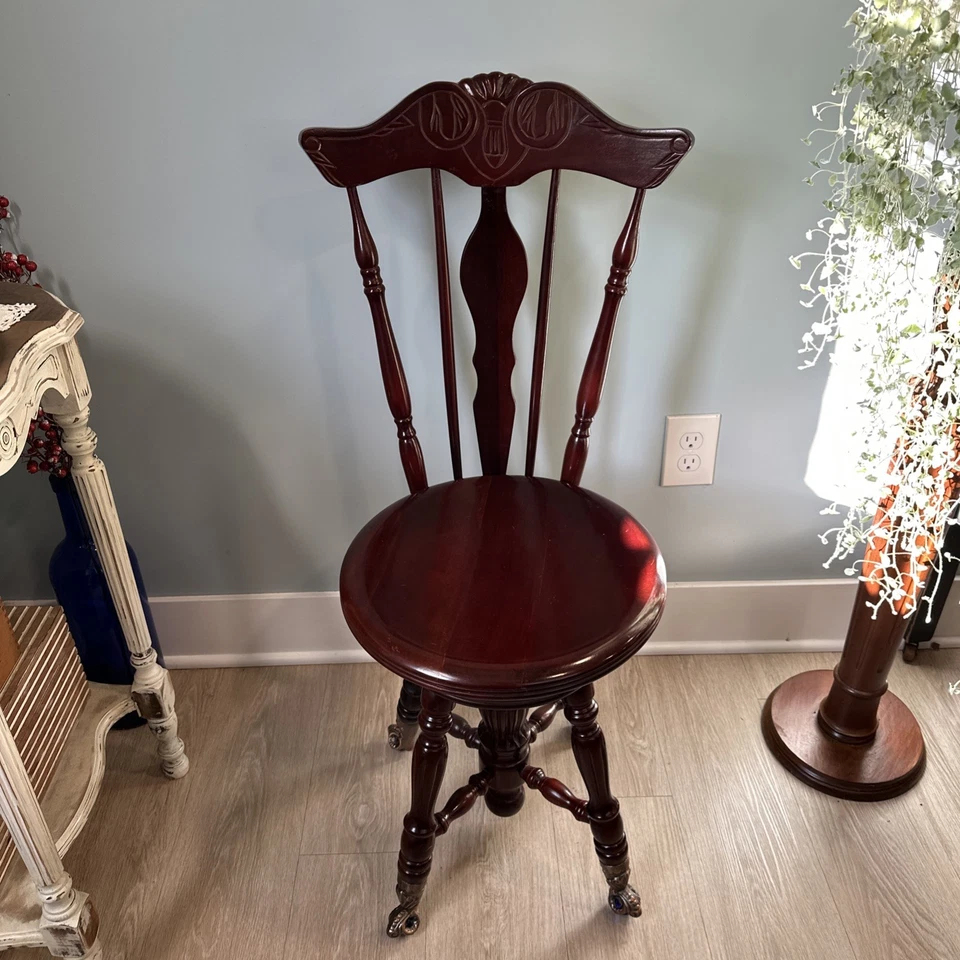 Antique Swivel HighBack Victorian Glass Blue Ball Claw Piano Stool Chair Cherry - Image 2 of 4