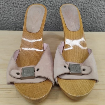 Vintage CHANEL SUEDE WOODEN HIGH HEEL MULE PLATFORM SHOES SANDALS
