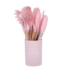12 PCS Silicone Kitchenware Utensil Set with Wooden Handle & Holder Green & Pink