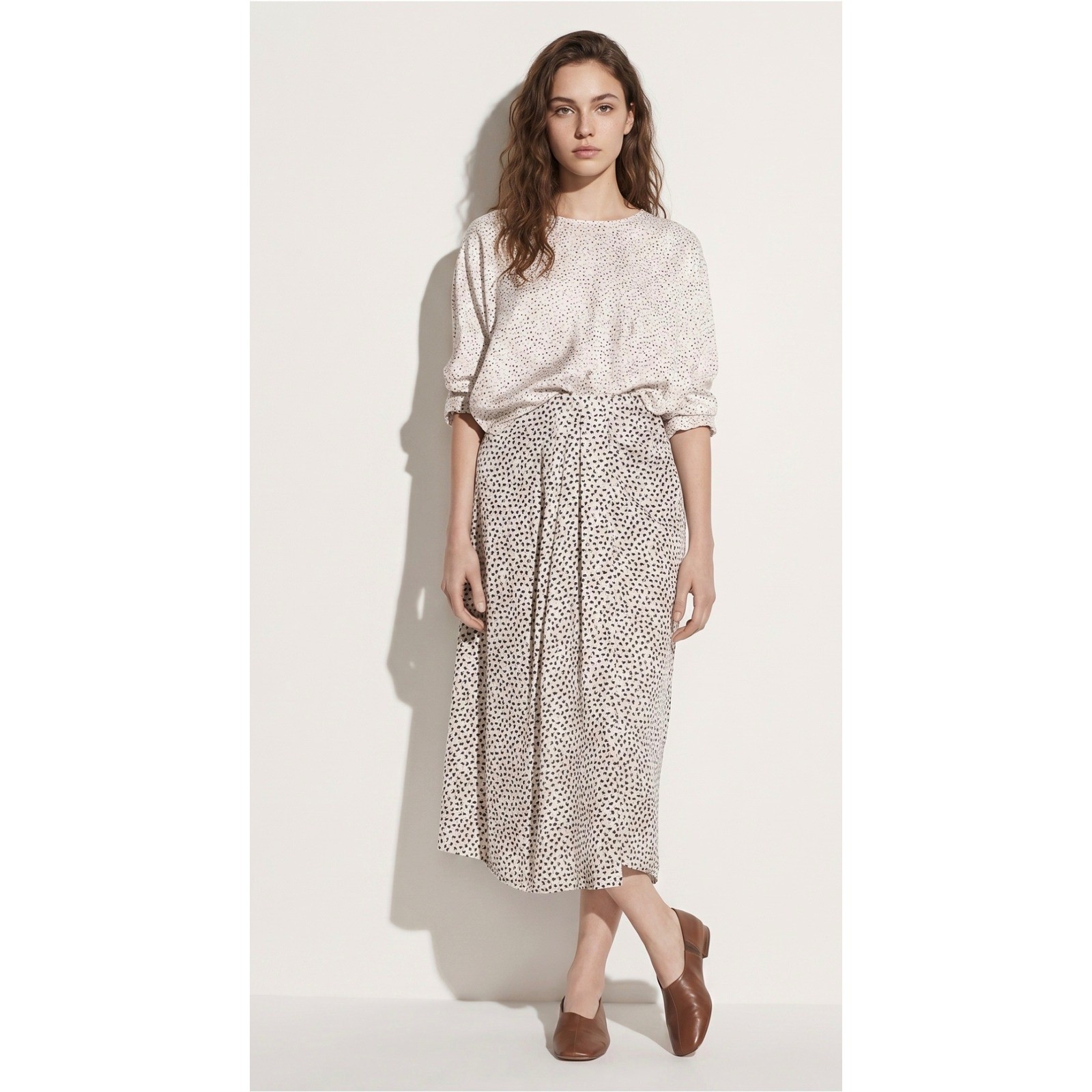 Vince Star Dot Drape Skirt Silk Blend Midi Chiffon Beige Black Quiet Luxury Sz 2