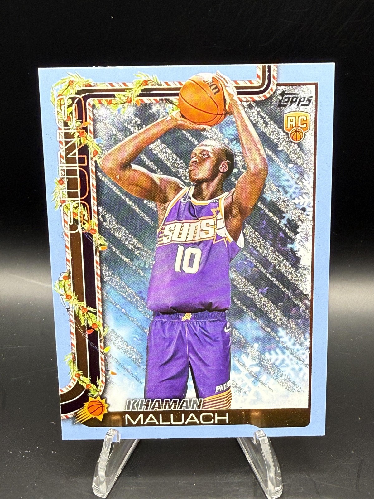 2025-26 Topps Holiday #H170 Khaman Maluach Light Blue and White Glitter RC