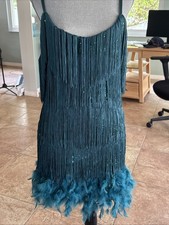 Flapper Style Blue /Green Mini Dress Fringe Feathers Sequins Size Large