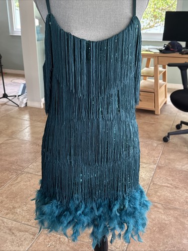Flapper Style  Blue /Green Mini Dress Fringe Feathers Sequins Size Large