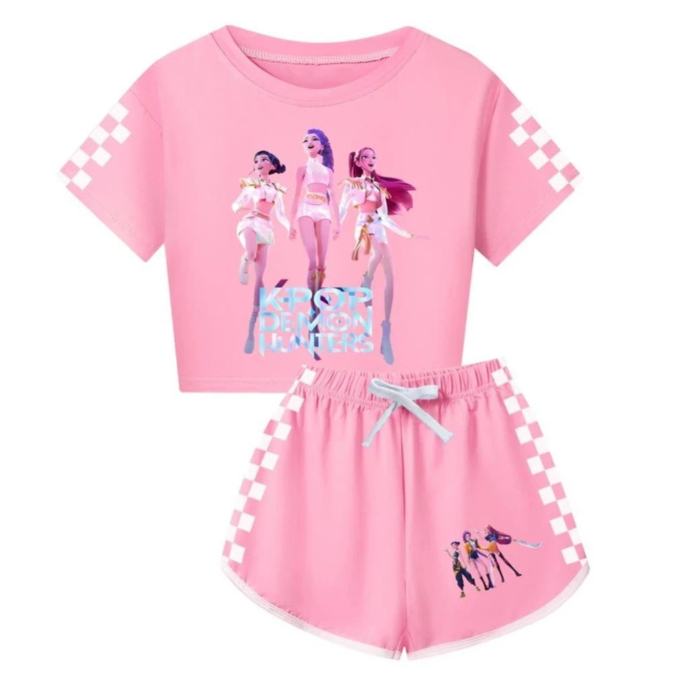 Girls KPop Demon Hunters Tracksuit Cosplay Costume Crop Top Tee+Shorts Sets Gift - image 3 of 4