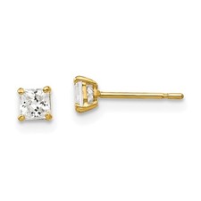 Real 14K Yellow Gold 3mm Princess Square CZ Post Earrings; Women  Men