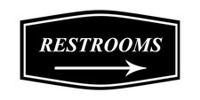 Restrooms Fancy Sign with Right Arrow Large Black Plate with Adhesive Back