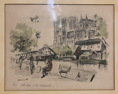Original Janicotte Watercolor - ''Paris Notre Dame et les bouquinistes'' - Rare