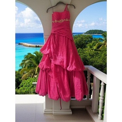 B Dazzle Alyce Paris Bright Pink Jeweled Gown 0 | Layered Tulle Bow Back Dress
