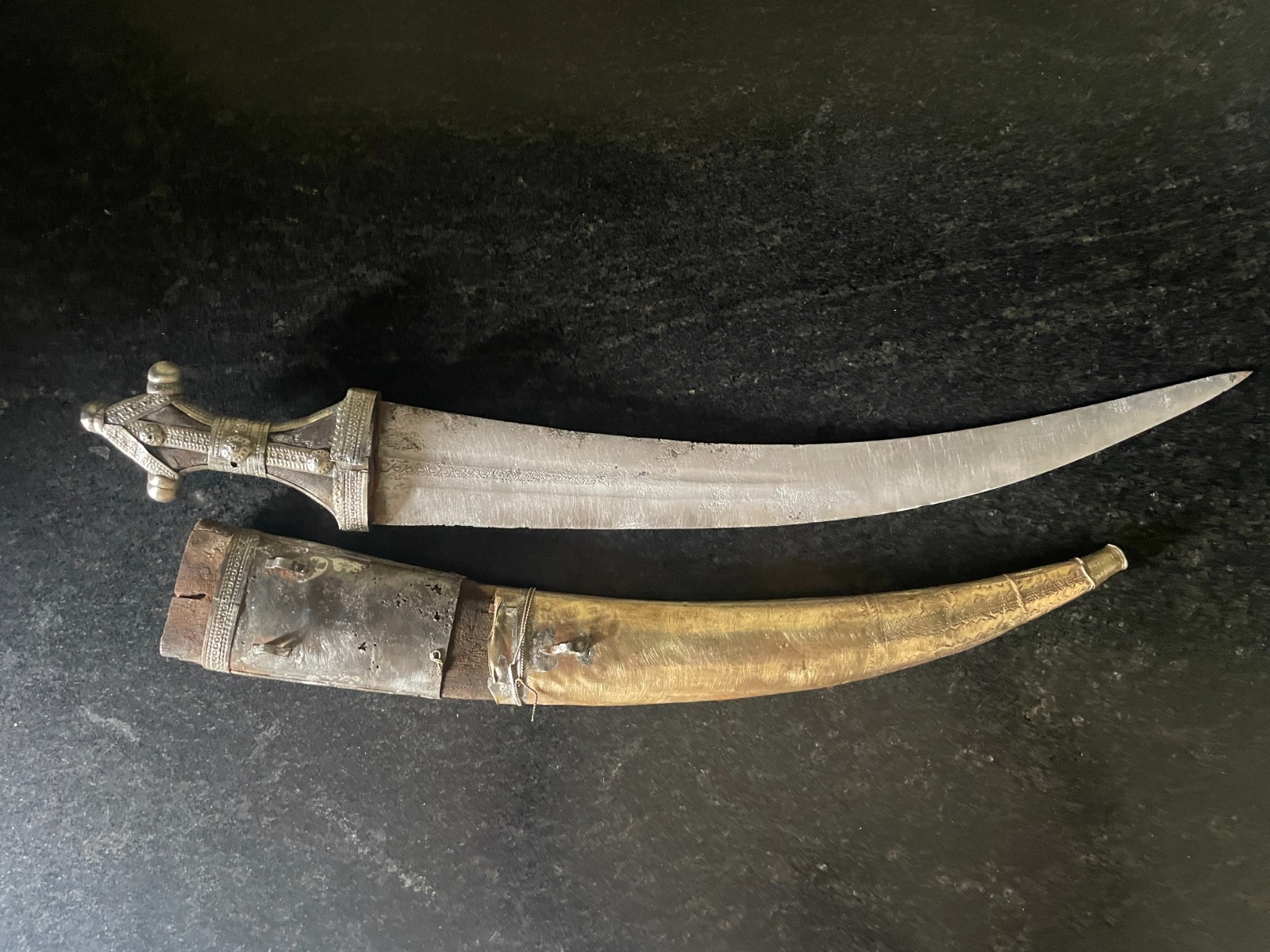 Antique Arabian Jambiya Dagger – Silver-Brass – Worn Scabbard – As is.