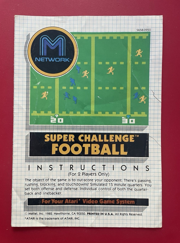 Mattel Super Challenge Football Atari 2600 Original Instruction Manual English