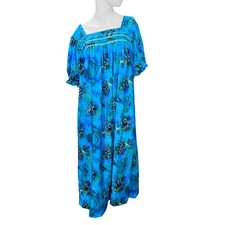 Vtg Muumuu Handmade Women's Dress Floral Dress 1 Sz L Blue Green Hawaiin Hawaii