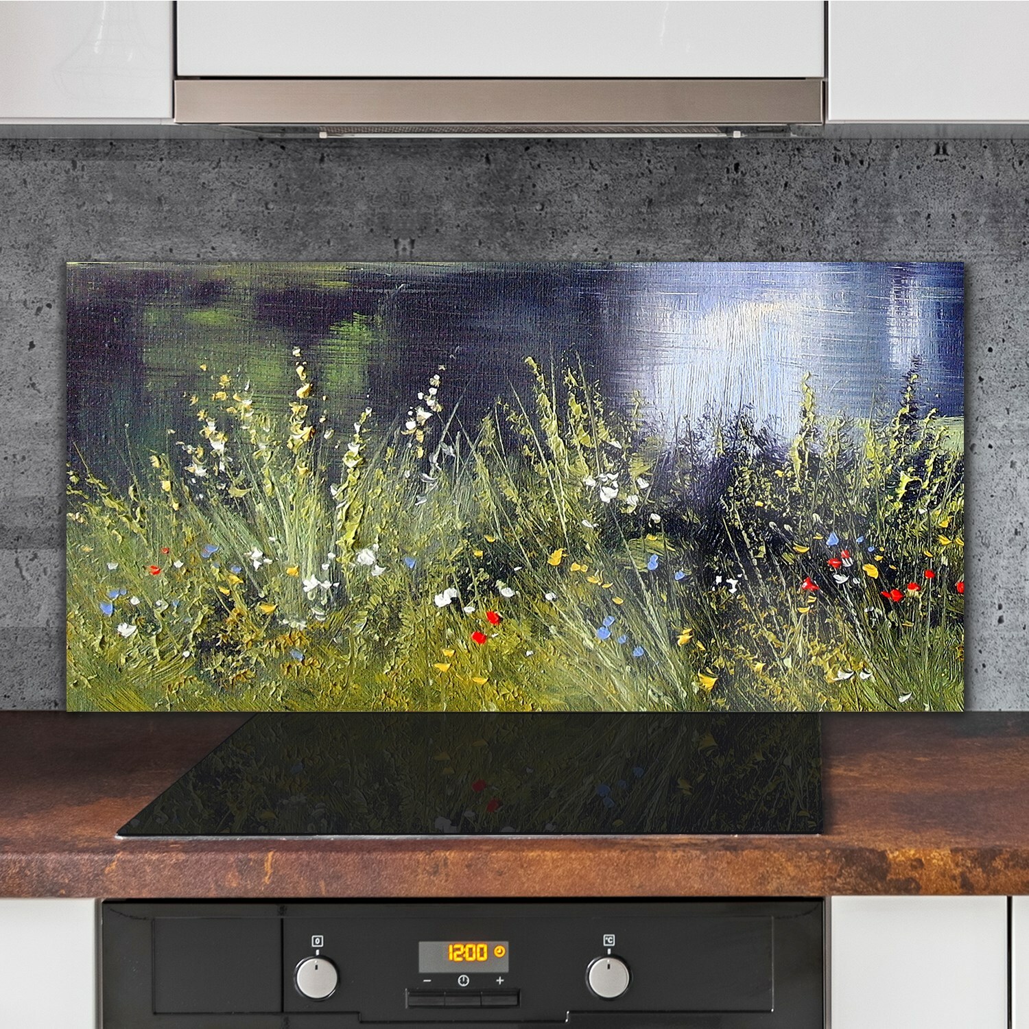 Painting River Flowers Grass Kitchen Printed Splashback Glass 120x60