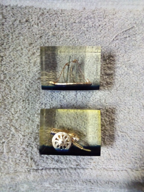 Lucite/Acrylic Paperweight Cube with Gold Colored Ship & Cannon