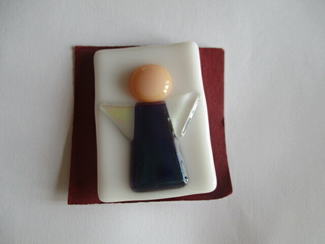 Handcrafted STAINED GLASS Angel PIN with BLUE dress on White background