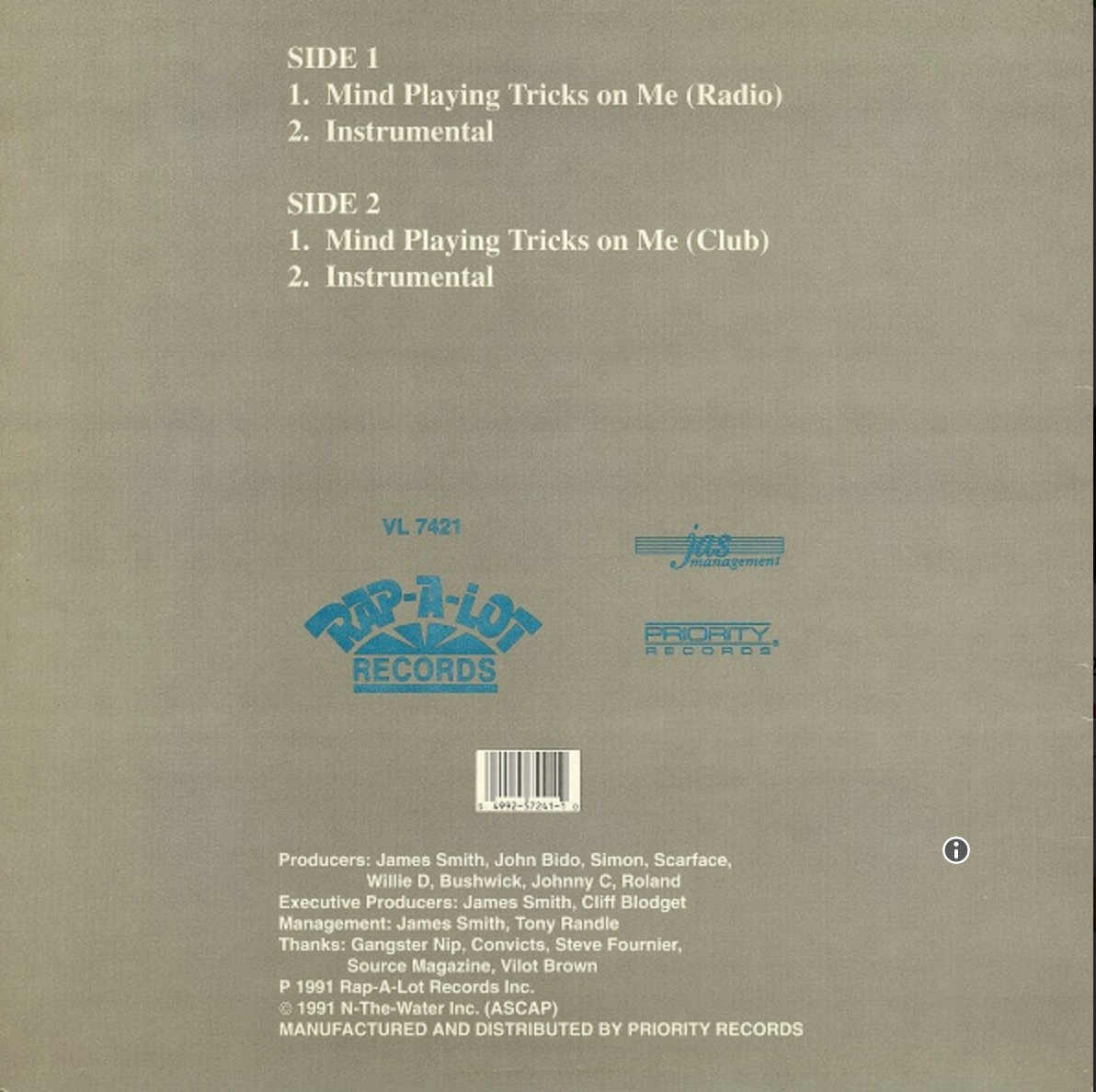 GETO BOYS ~ Mind Playing Tricks On Me (1991) Rap-A-Lot Records 12