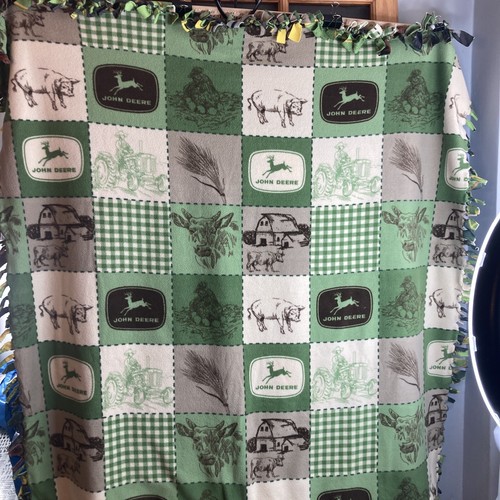 John Deere Handmade Fleece Knotted Blanket 54x52 Tractor Deer Green Animals - Picture 2 of 18