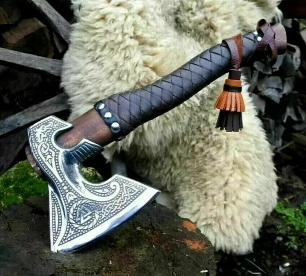 Handmade Carbon Steel Axe Rose Wood Handle with Leather Wrap Axe for Tools
