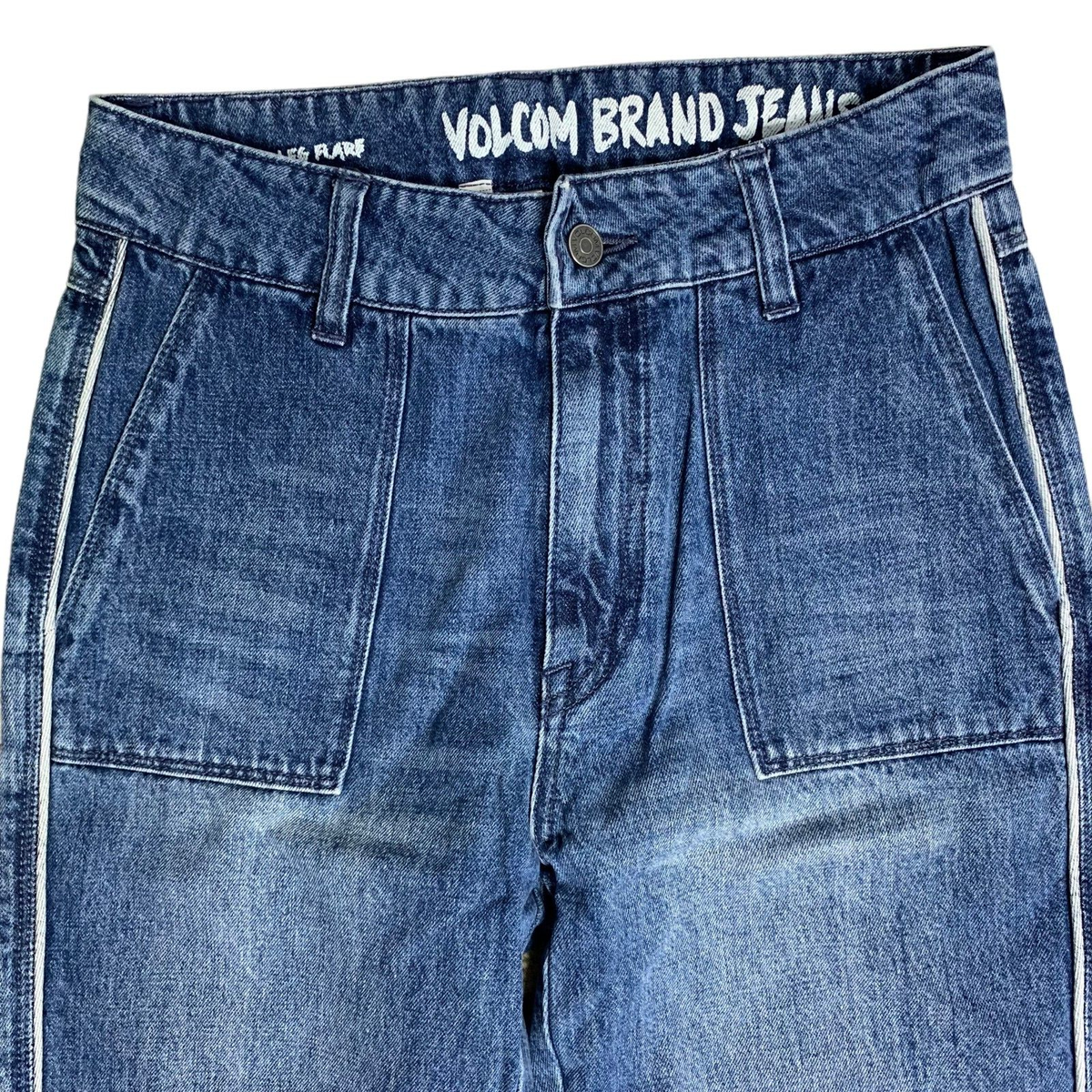 Vintage 90s Volcom Wide Leg Flare Denim Jeans Juniors 7 High Vintage 90s Volcom Wide Leg Flare Denim Jeans Juniors 7 High