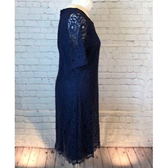 Dana Buchman Lace Dress Navy Blue Fully Lined Short Sleeve 38" Long Large