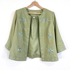 Dressbarn Blazer Womens 14 Sage Green Linen Floral Embroideries Career Business