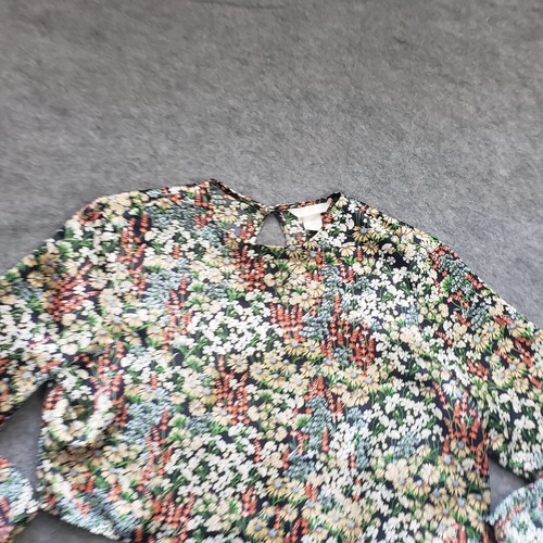 H&M Shirt Womens Medium Black Green Long Sleeve Cropped Floral Casual Ladies - Picture 3 of 9